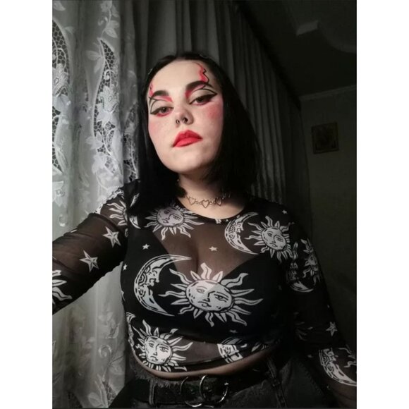 Sheer Black Mesh Crop Top W/ Sun & Moon Celestial Print & Long Sleeves – NWT - Picture 7 of 8